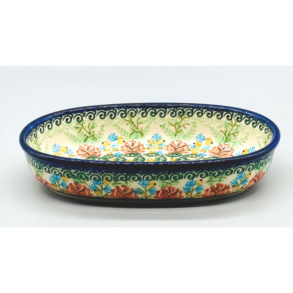 Polish Pottery Unikat Oval Baker Dish Floral 7.5 inch J Okraska 1699